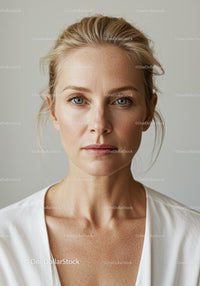 Calm Blonde Woman in White Top with Green Eyes