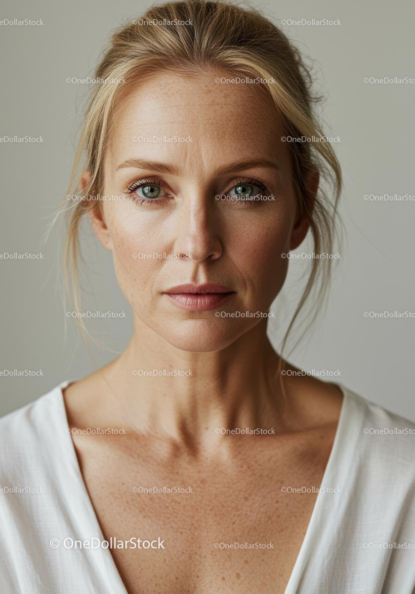 Portret kobiety o blond włosach i spokojnym wyrazie twarzy