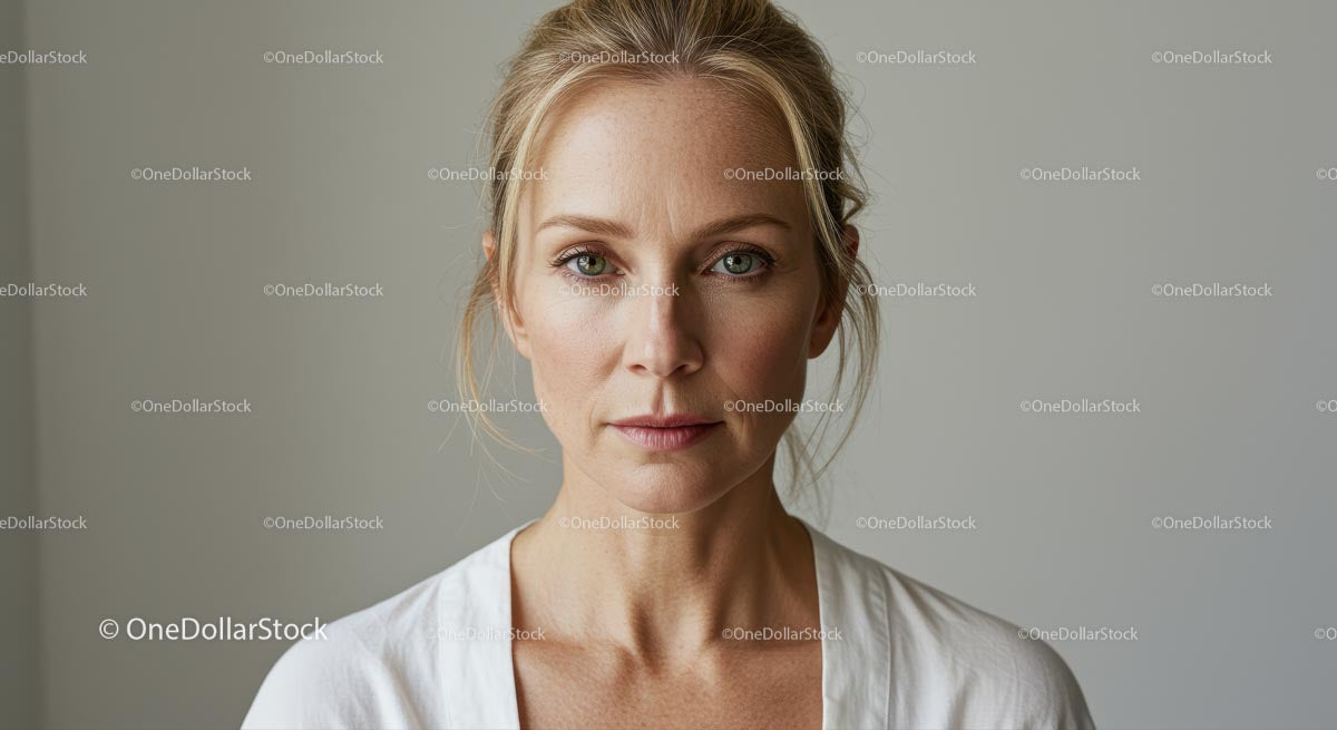 Serious Woman with Blonde Hair and Subtle Makeup