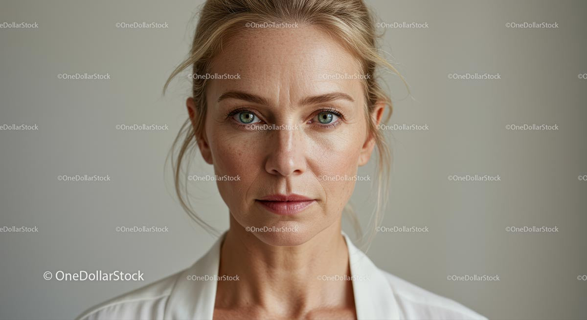 Poważny portret kobiety o blond włosach i niebieskich oczach