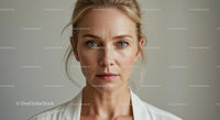 Serious Portrait of a Woman with Blonde Hair and Blue Eyes
