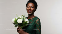 Elegant Woman in Green with White Roses