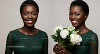 Elegant Woman in Green Lace Dress Holding White Roses