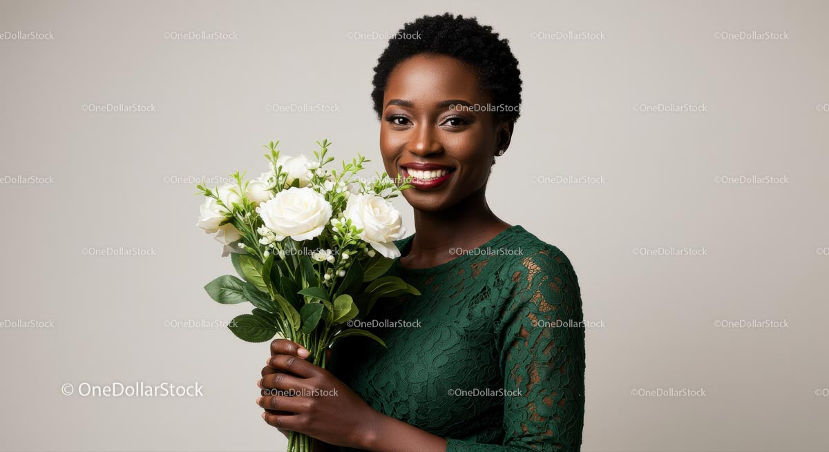 Smiling Woman Holding White Rose Bouquet in Green Lace Dress
