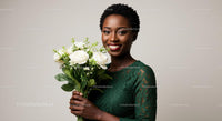 Smiling Woman Holding White Rose Bouquet in Green Lace Dress