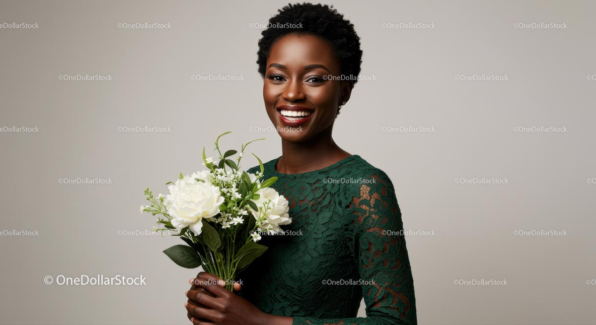 Smiling Woman in Green Lace Dress with White Floral Bouquet