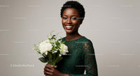 Smiling Woman in Green Lace Dress with White Floral Bouquet