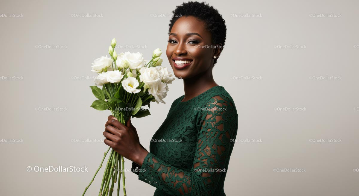 Smiling Woman in Green Dress Holding White Lisianthus Bouquet