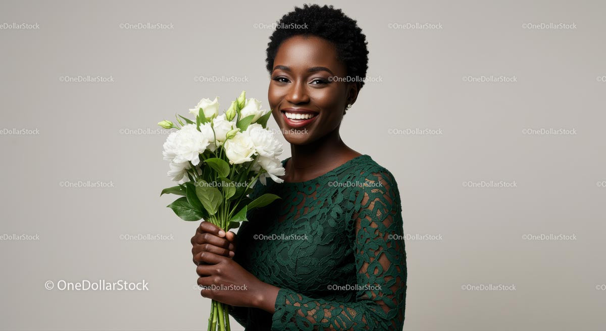 Smiling Woman in Green Lace Dress Holding White Flowers