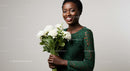 Smiling Woman Holding White Bouquet in Green Lace Dress