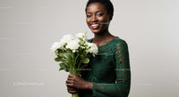Smiling Woman Holding White Bouquet in Green Lace Dress