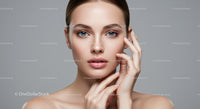 Elegant Portrait of Woman with Flawless Skin and Blue Eyes