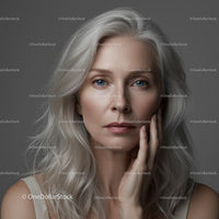 Elegant Mature Woman with Silver Hair in Thoughtful Pose