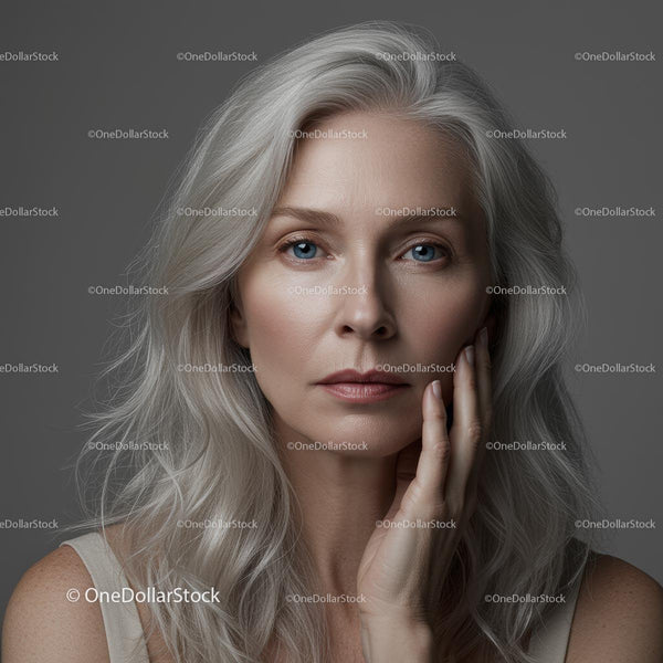 Elegant Mature Woman with Silver Hair in Thoughtful Pose