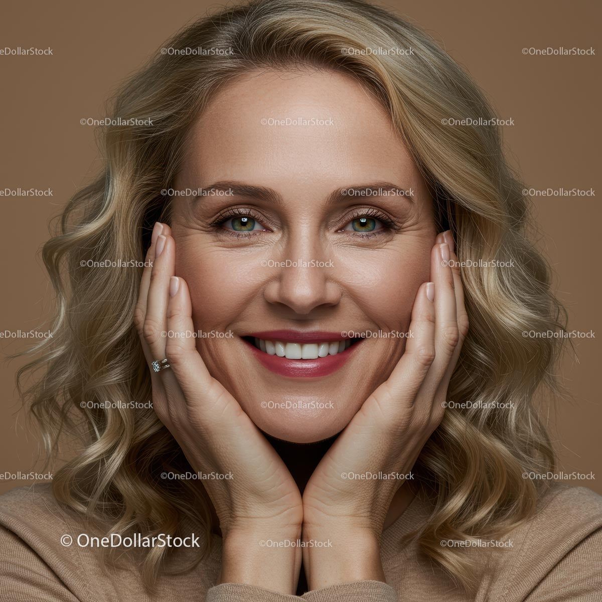 Smiling Blonde Woman with Curly Hair and Bright Smile