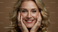 Smiling Blonde Woman with Fashion Rings and Radiant Smile