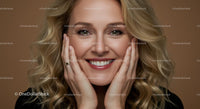 Joyful Woman with Curly Blond Hair Smiling Brightly