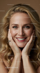 Smiling Woman with Blonde Hair and Bright Green Eyes