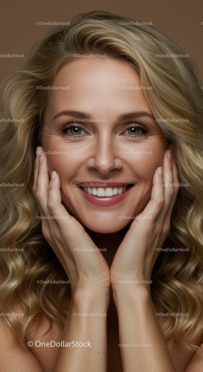 Smiling Blonde Woman with Radiant Skin and Joyful Expression