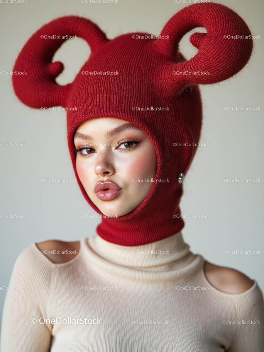 Woman in Red Artistic Balaclava and Beige Top
