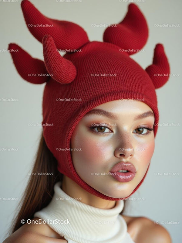 Fashionable Woman in Unique Red Horned Knit Hat