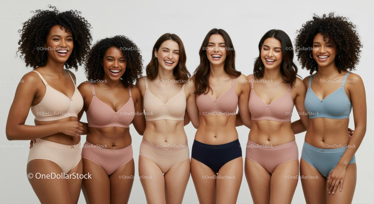 Diverse Group of Women Laughing in Colorful Underwear