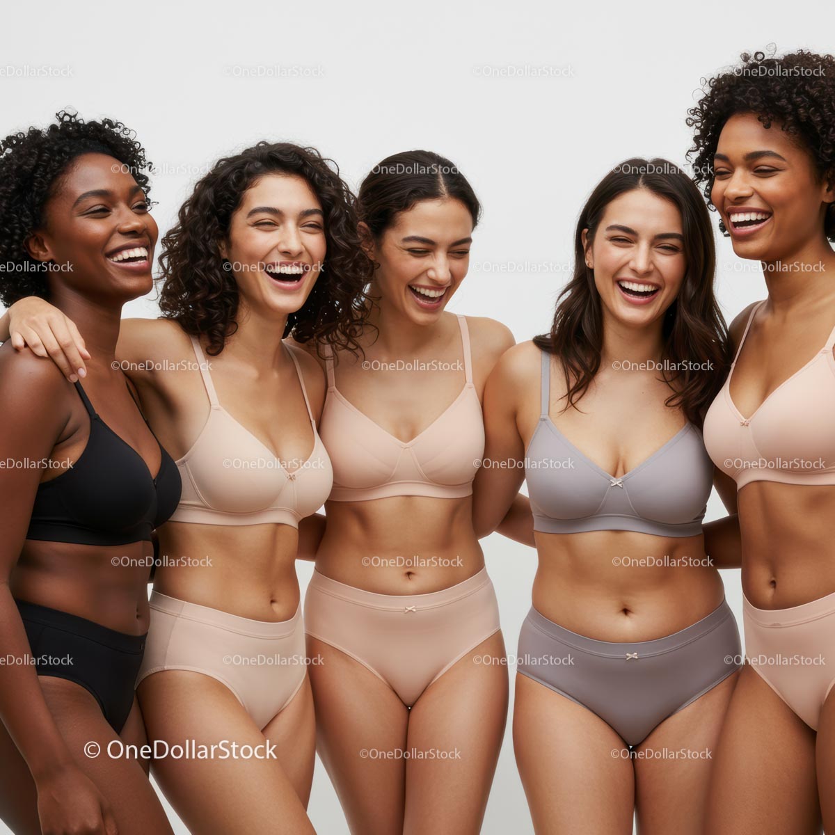 Diverse Group of Women Laughing in Stylish Lingerie