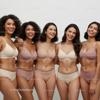 Group of Diverse Women in Neutral Toned Lingerie Smiling