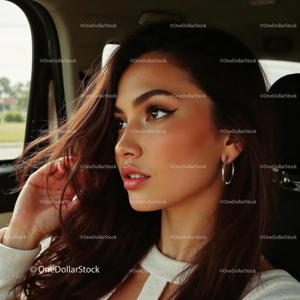 Natural Beauty with Thoughtful Expression in Car
