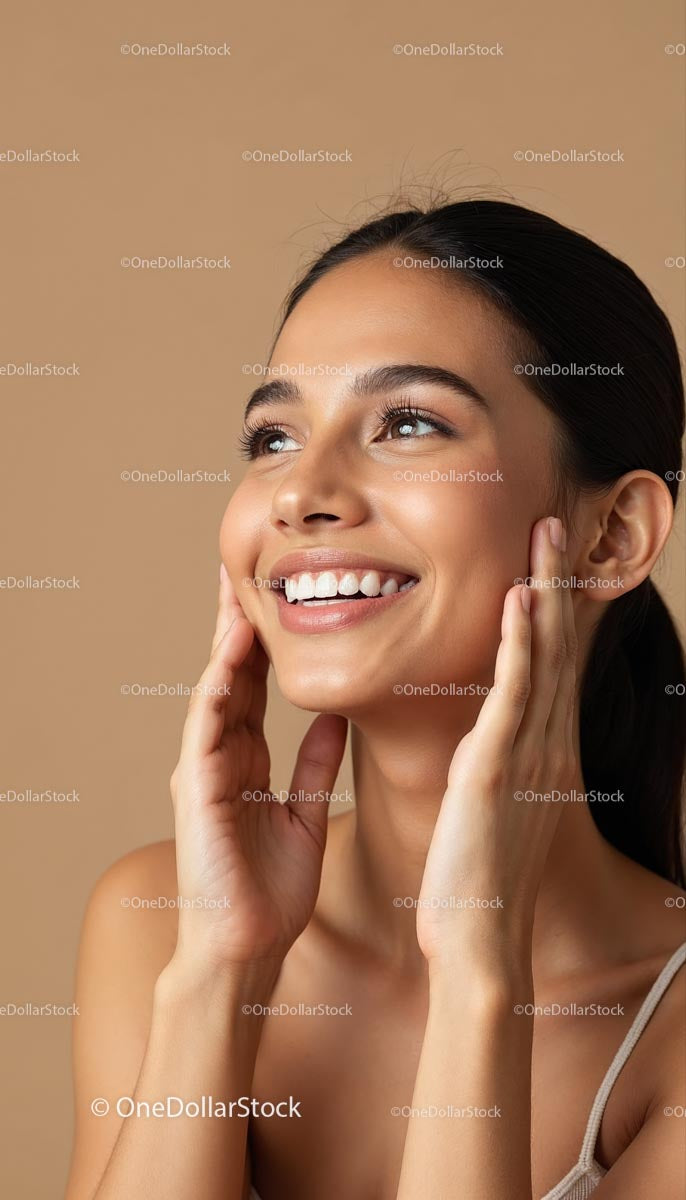 Smiling Woman with Radiant Skin in Soft Lighting