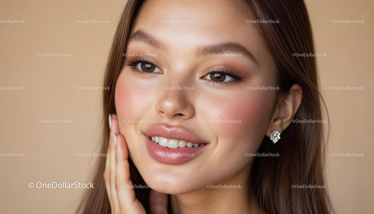 Smiling Woman with Natural Makeup and Sparkling Earrings