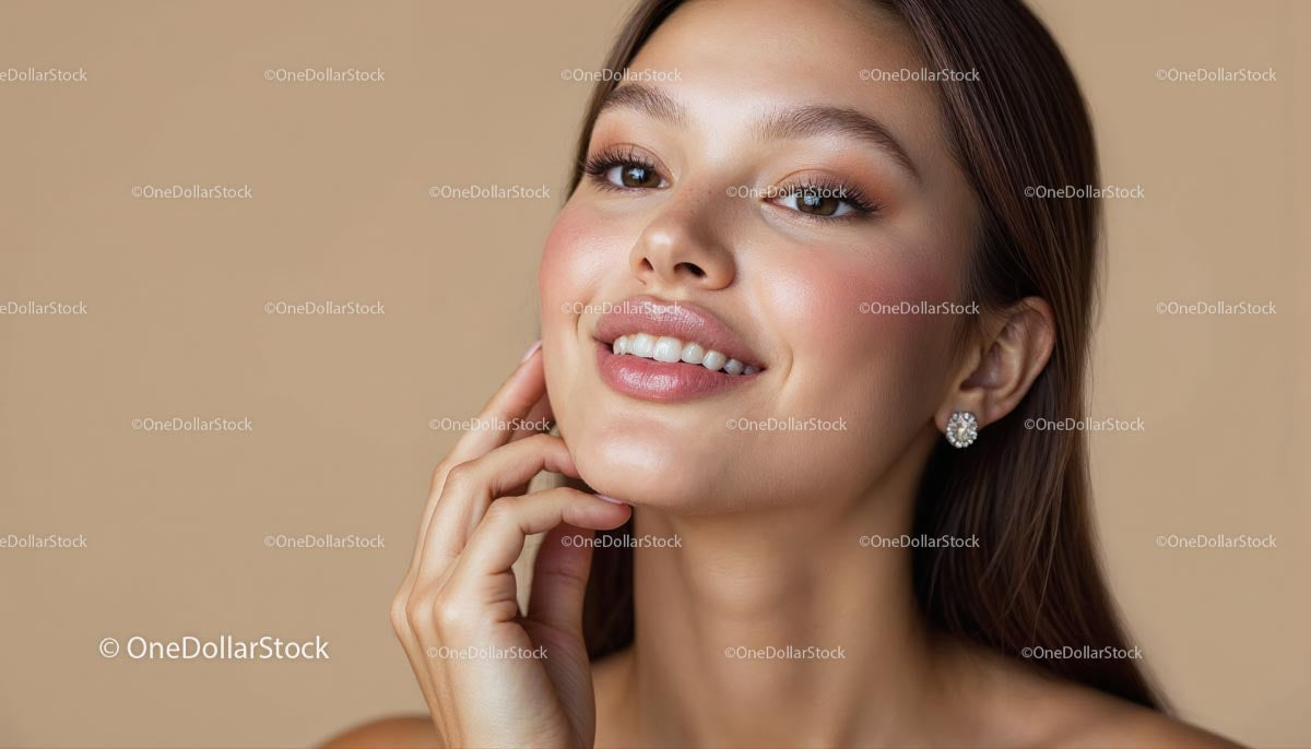 Uśmiechnięta kobieta z naturalnym makijażem i eleganckimi kolczykami