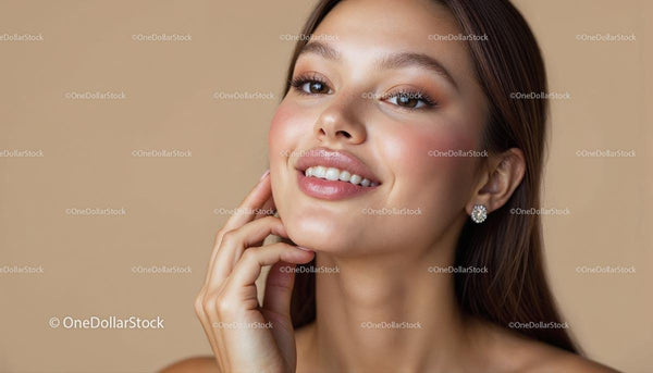 Uśmiechnięta kobieta z naturalnym makijażem i eleganckimi kolczykami