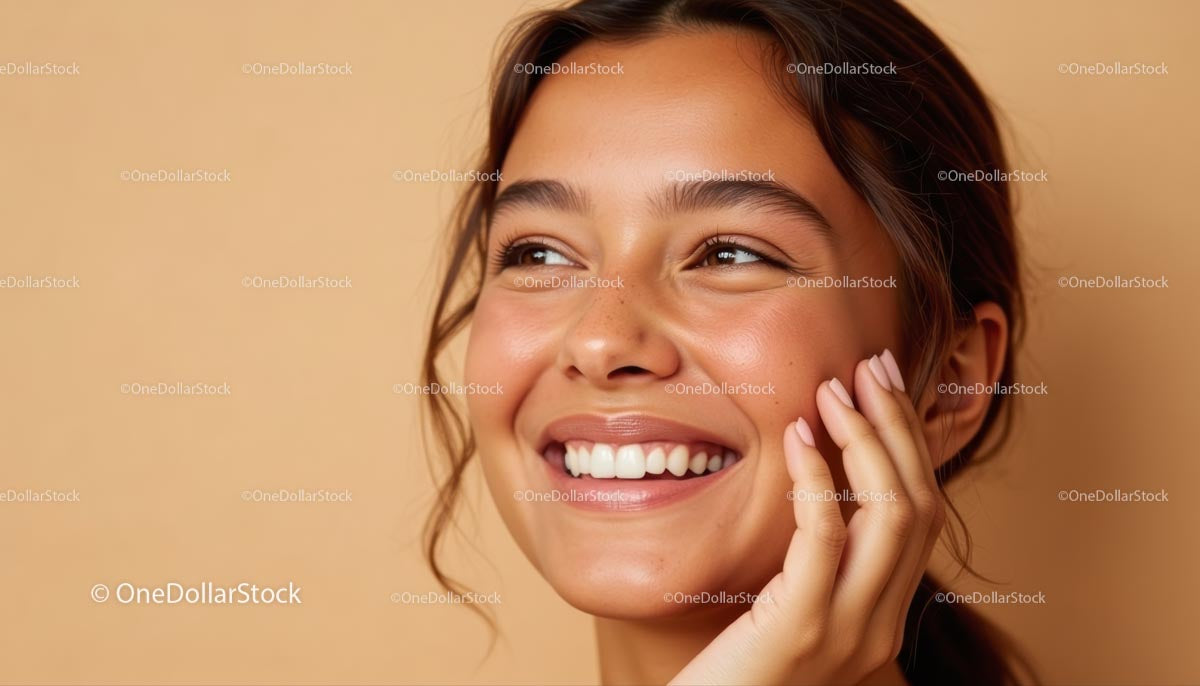 Happy Woman with a Joyful Smile on Beige Background