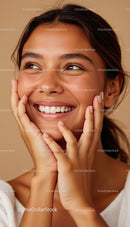 Joyful Woman Smiling with Hands on Face