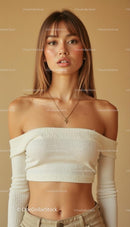 Stylish Young Woman in Off-Shoulder Top on Beige Background