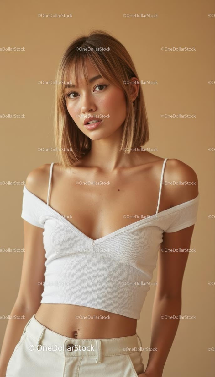 Stylish Young Woman in Casual White Top and Beige Background