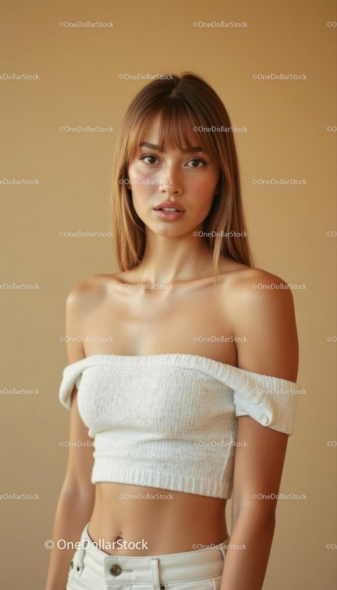Elegant Young Woman in White Off-Shoulder Top