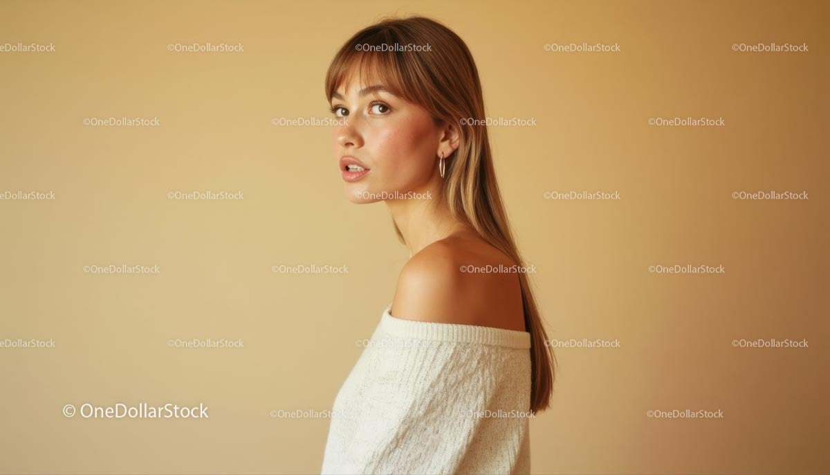 Elegant Woman in Off-Shoulder Sweater Profile Portrait