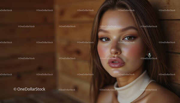 Młoda Kobieta z Naturalnym Makijażem na Drewnianym Tle