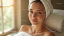 Woman Relaxing at Spa with Towel Wrap and Natural Light