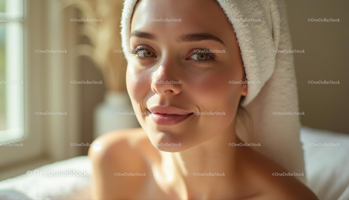 Young Woman Relaxing with Towel-Wrapper in Sunlit Room