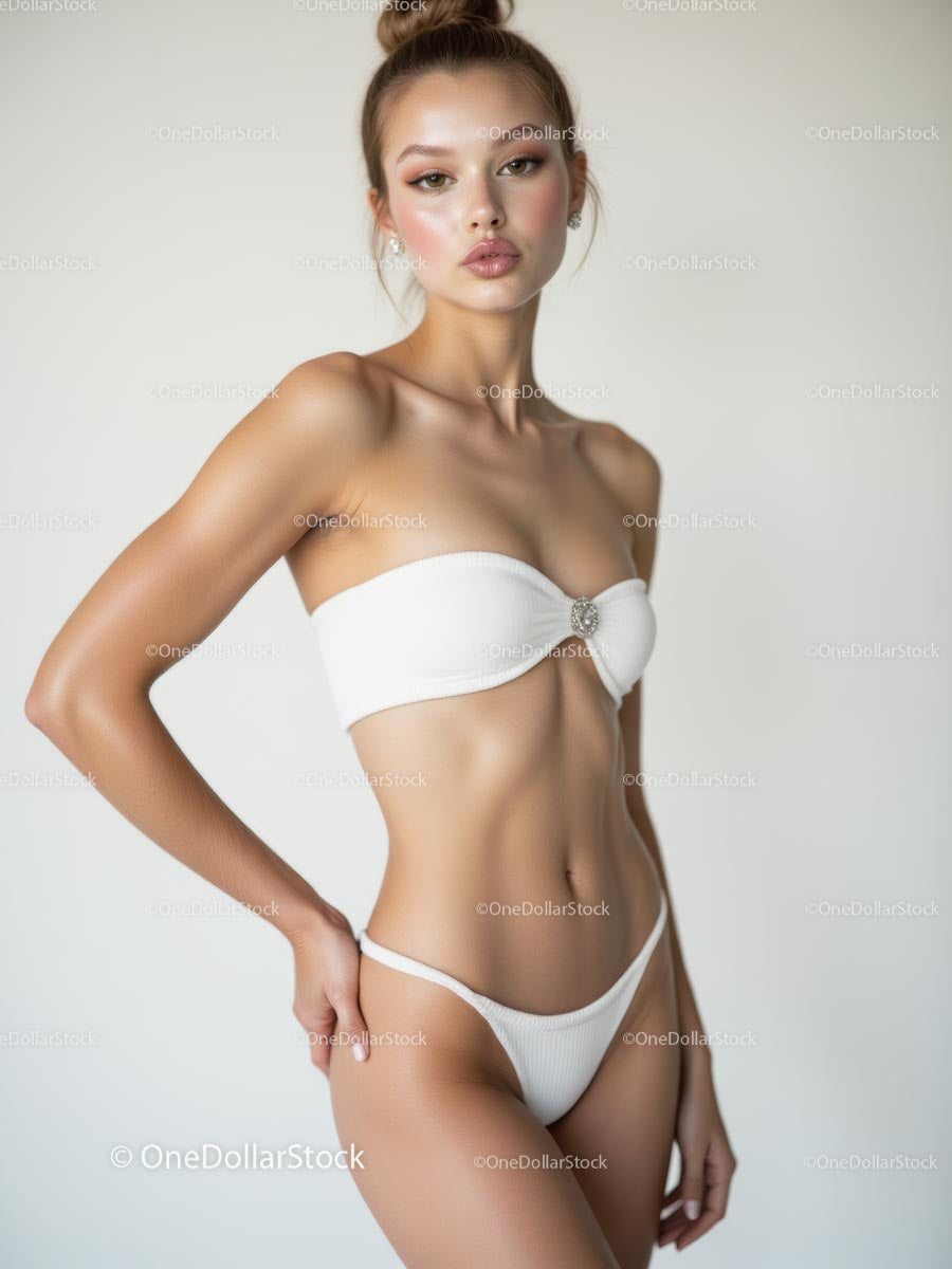 Elegancka modelka pozuje w stylowym białym bikini