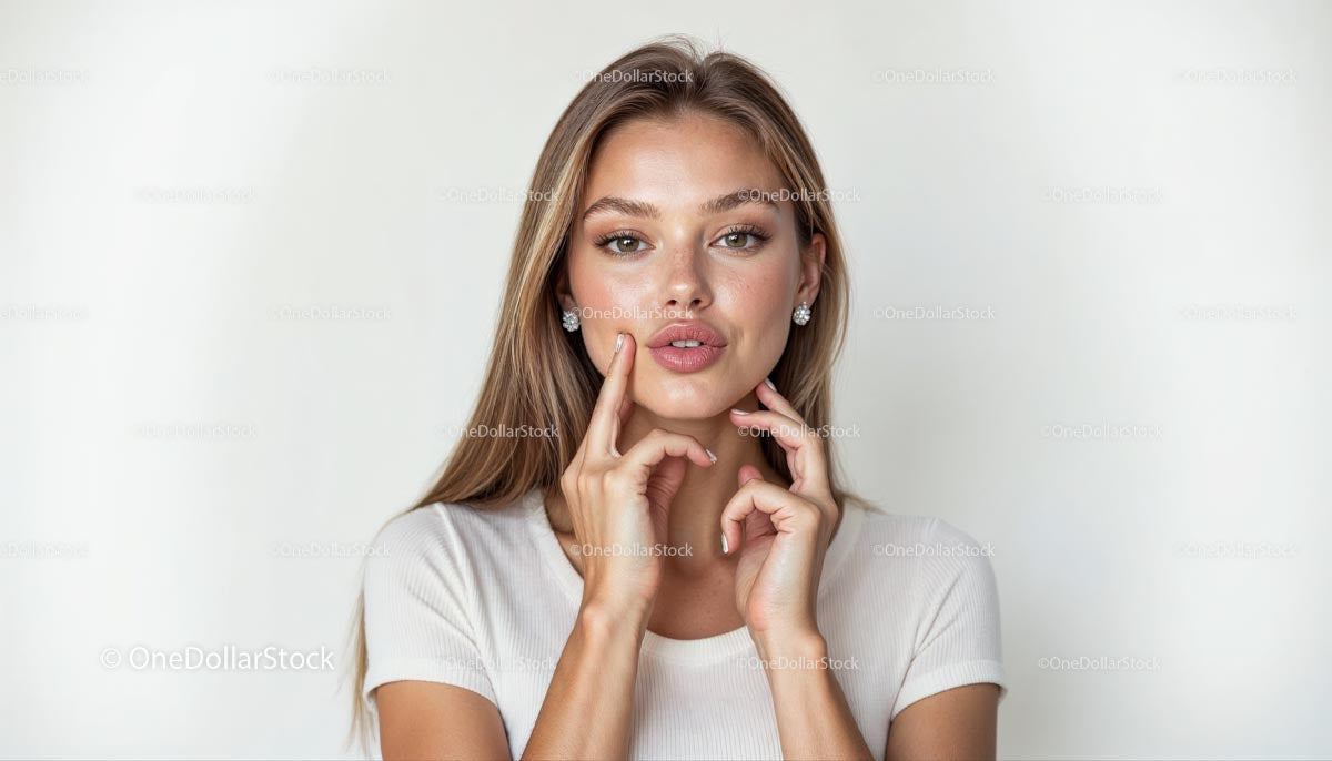Elegant Blonde Woman with Natural Makeup on White Background