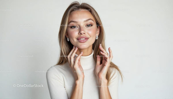 Elegancka kobieta w białym golfie uśmiechająca się pewnie