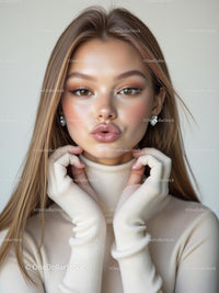 Stylish Young Woman in Beige Turtleneck Sweater