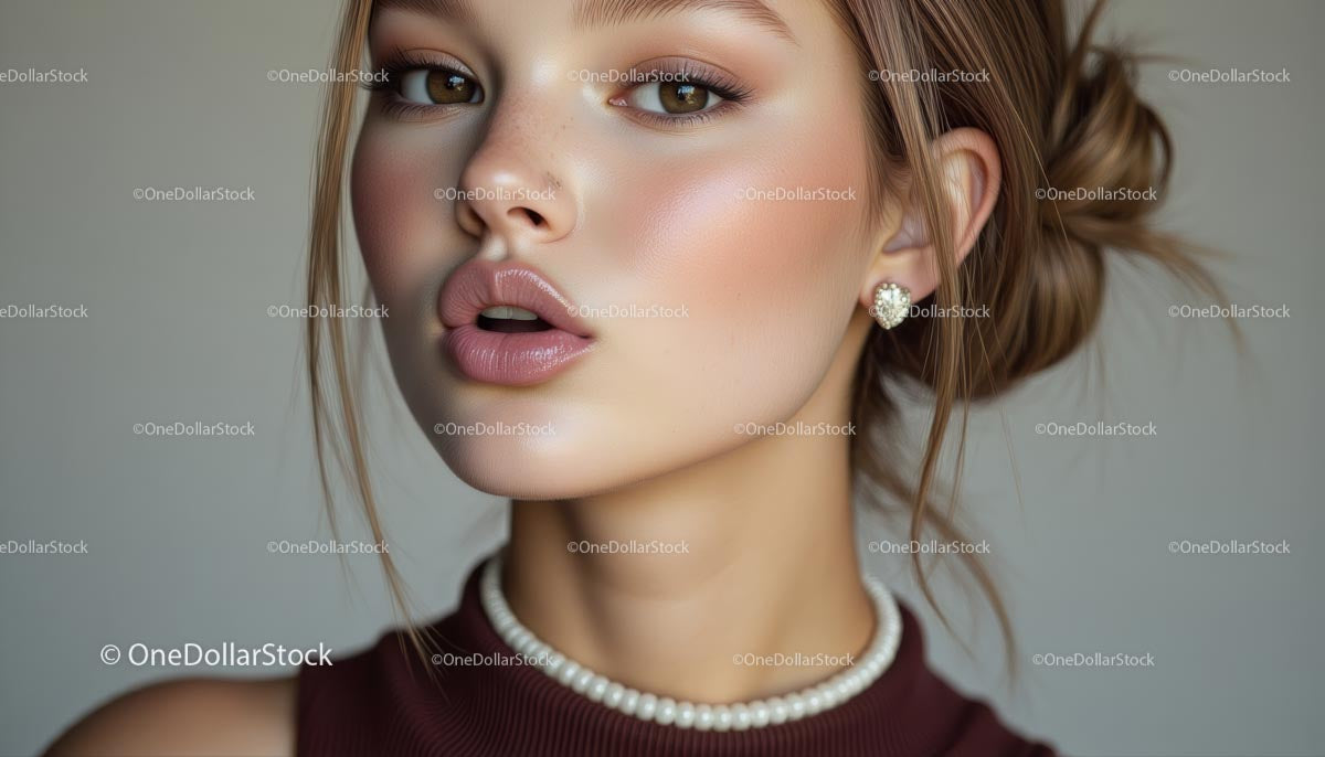 Elegant Young Woman with Pearl Necklace and Chic Makeup
