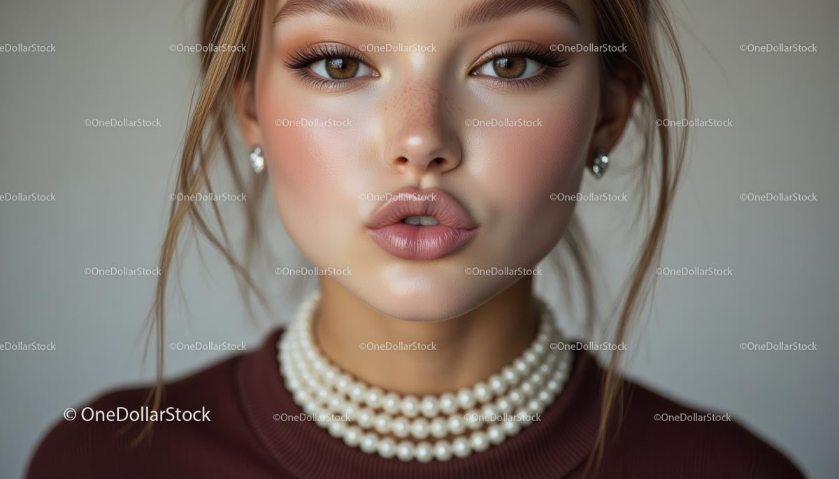Young Woman with Elegant Pearl Necklace and Stylish Makeup