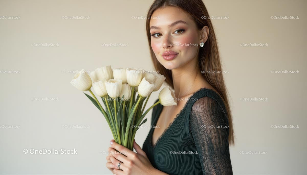 Elegant Woman Holding White Tulips Bouquet
