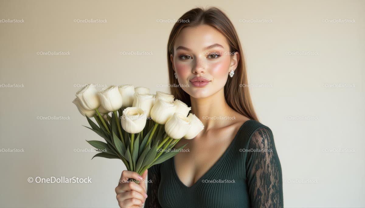 Kobieta trzymająca bukiet białych róż w eleganckim stroju